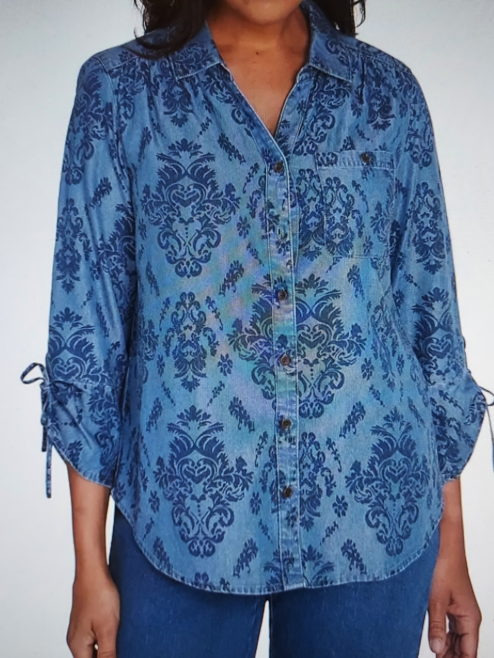 Alfred Dunner Blue Printed Tencel Denim Button-Down Shirt w 3/4 Slv. Size XL
